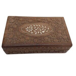 Vintage Hand Carved Jewelry Trinket Box Rosewood with Bone Inlay Floral Carving